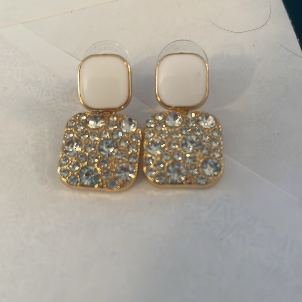 White Rhinestone Square Earrings - Picture 2 of 3